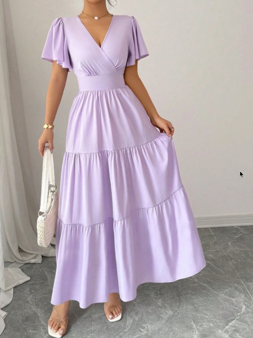 Classic V neck Solid Flounce Sleeve High Waisted Maxi Dress - Picture 2 of 13